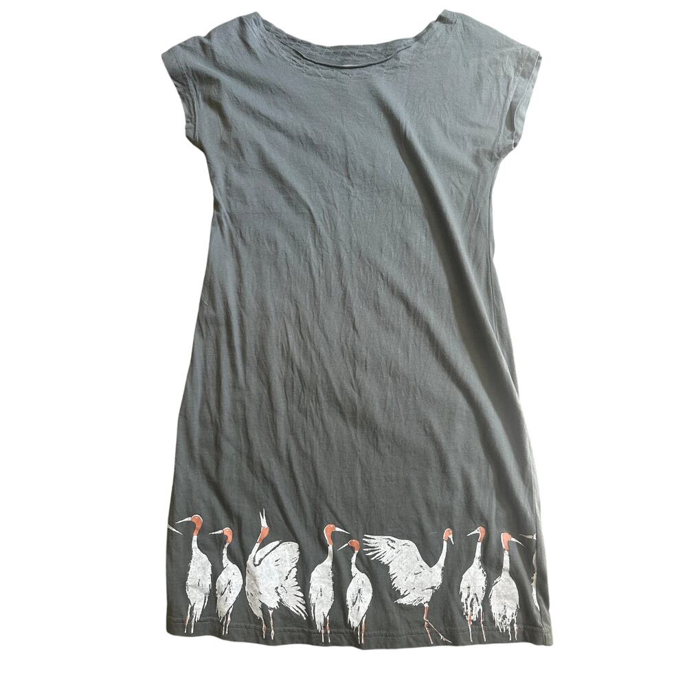 Tonle Upcycled Shift Dress Gray Heron Bird Print Eco Friendly, XS